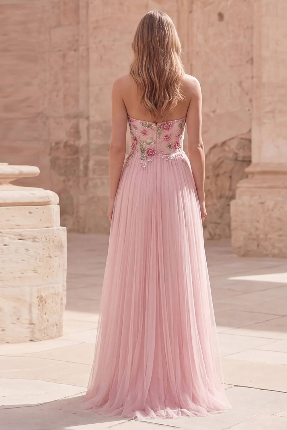 Pink A-Line Sweetheart Long Tulle Prom Dress with Beading - Image 2