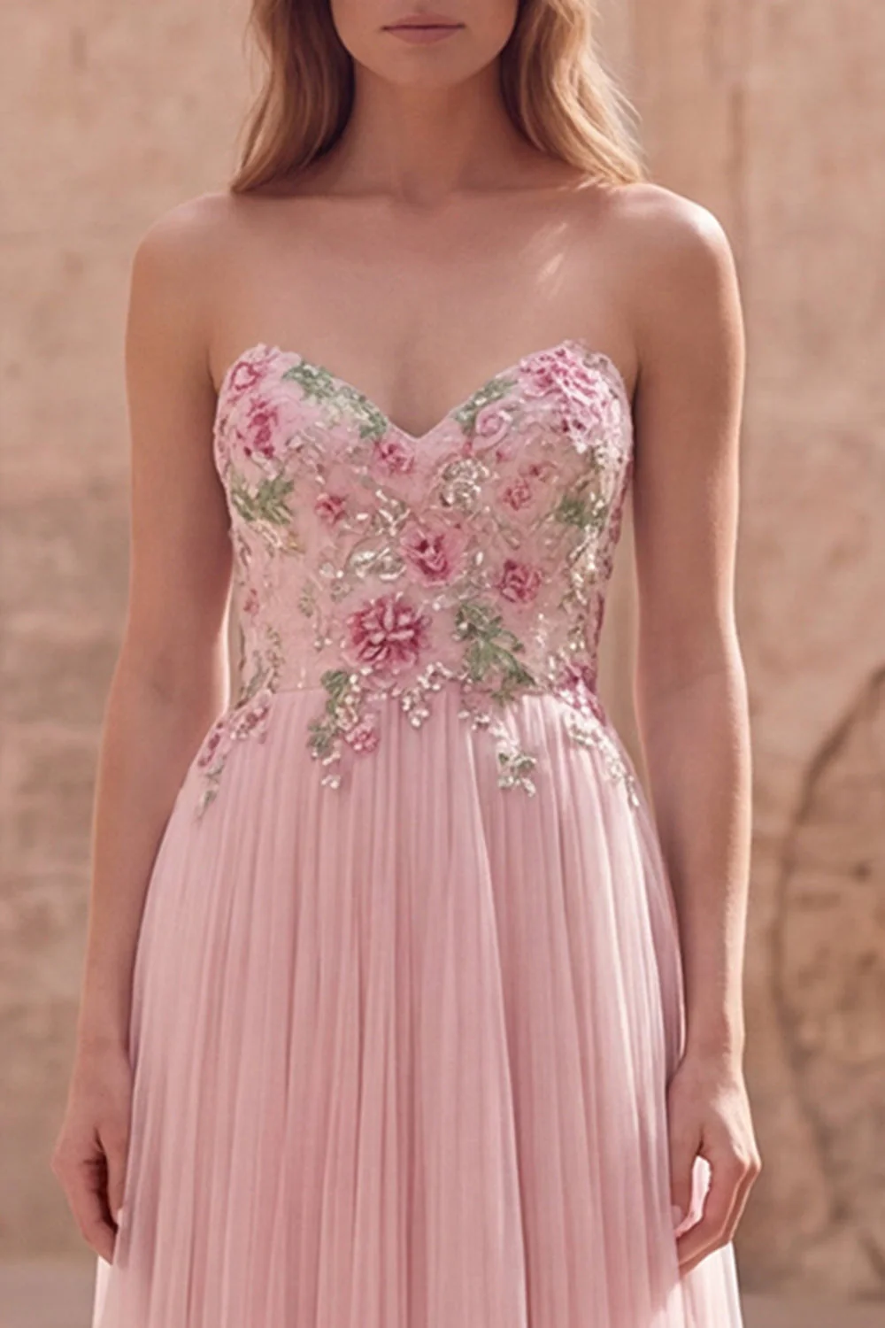 Pink A-Line Sweetheart Long Tulle Prom Dress with Beading - Image 4