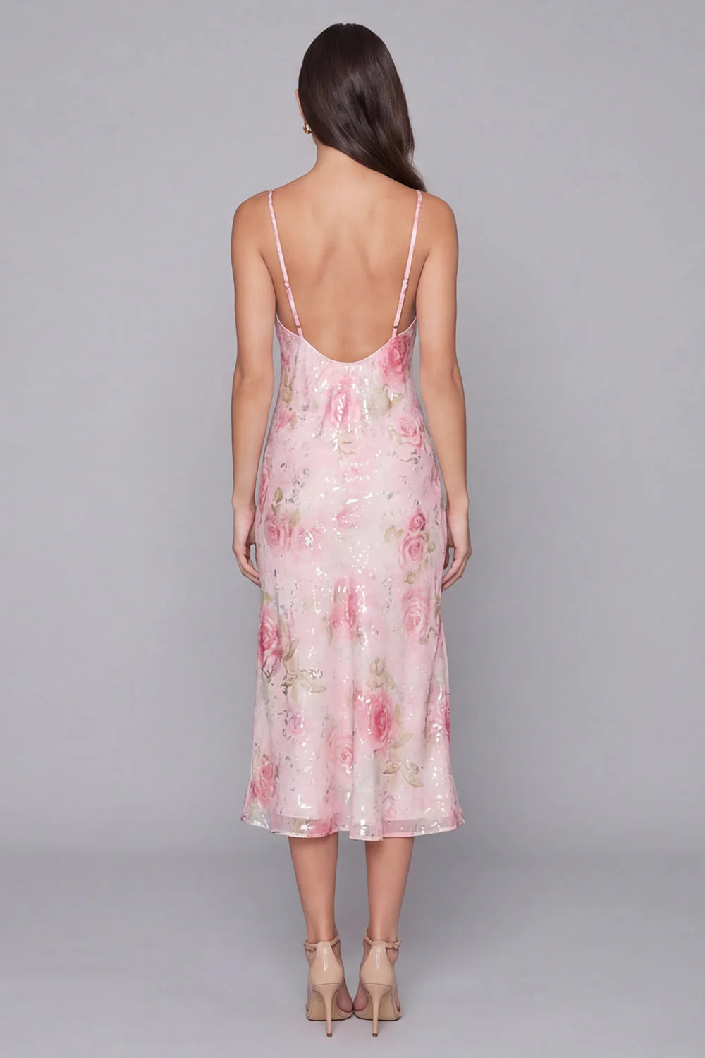 Sparkly Pink Bodycon Spaghetti Straps Sequin Printed Floral Midi Dress - Image 3