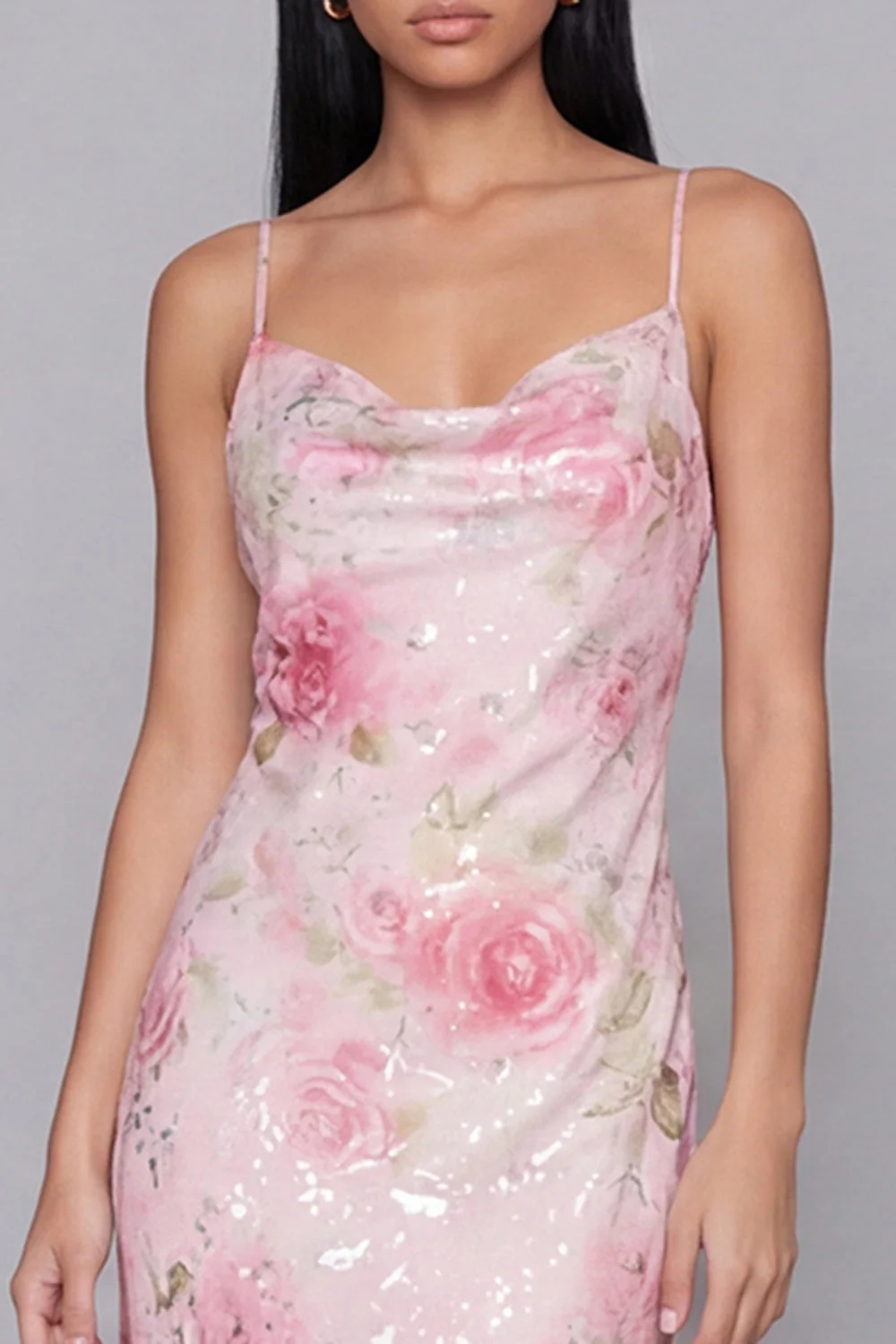 Sparkly Pink Bodycon Spaghetti Straps Sequin Printed Floral Midi Dress - Image 4