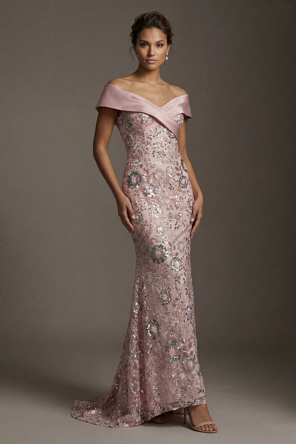Sparkly Pink Off the Shoulder Mermaid Beaded Long Mother of the Bride Dress