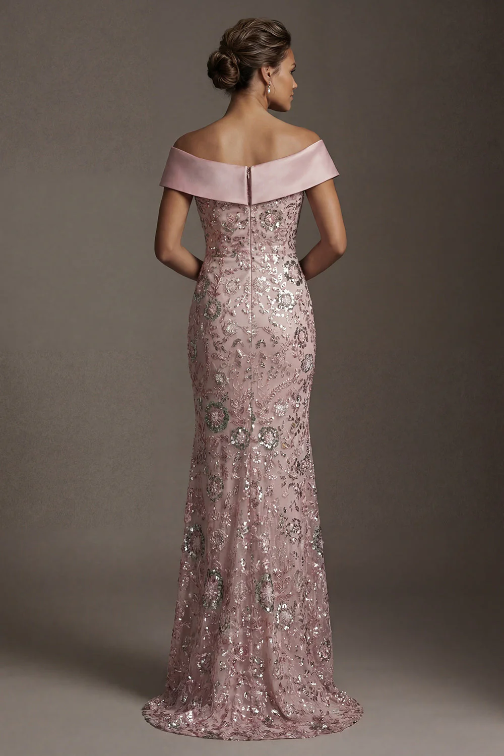 Sparkly Pink Off the Shoulder Mermaid Beaded Long Mother of the Bride Dress - Image 2