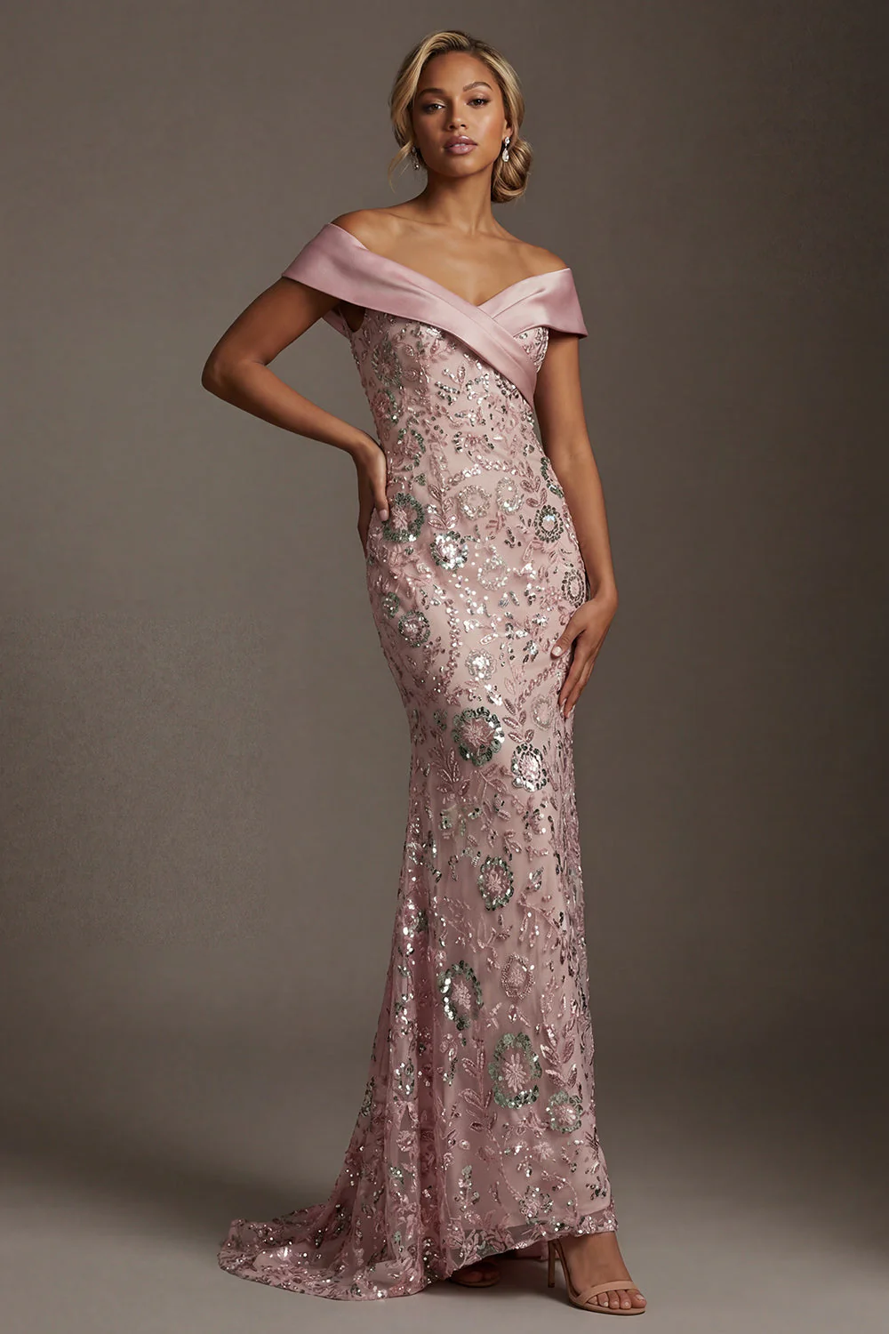 Sparkly Pink Off the Shoulder Mermaid Beaded Long Mother of the Bride Dress - Image 3