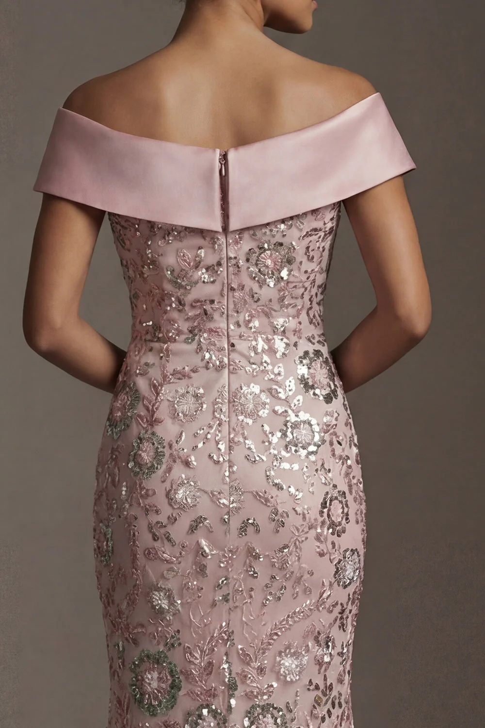 Sparkly Pink Off the Shoulder Mermaid Beaded Long Mother of the Bride Dress - Image 5