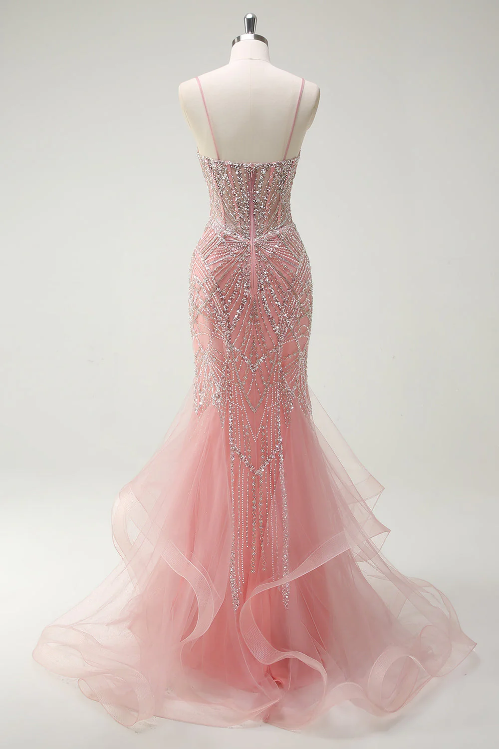 Sparkly Pink Mermaid Spaghetti Straps Corset Long Prom Dress - Image 2