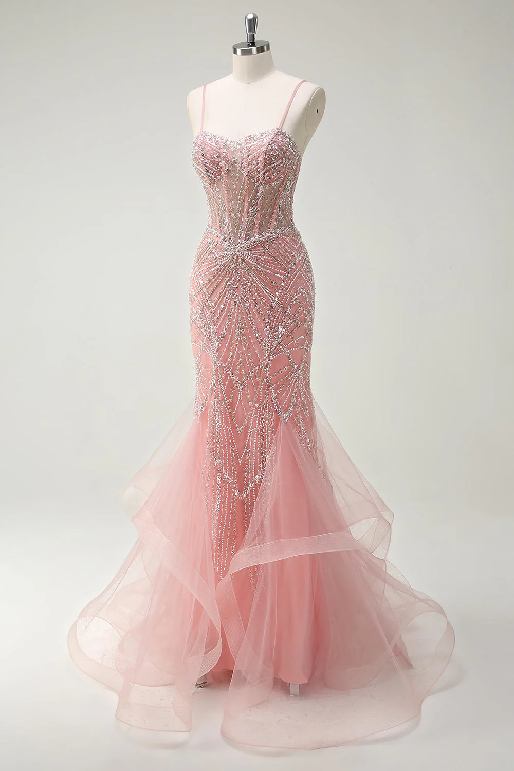 Sparkly Pink Mermaid Spaghetti Straps Corset Long Prom Dress - Image 3