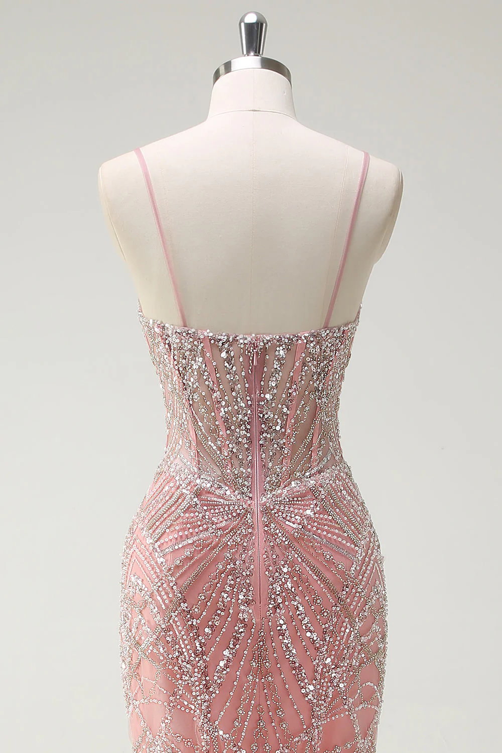 Sparkly Pink Mermaid Spaghetti Straps Corset Long Prom Dress - Image 5