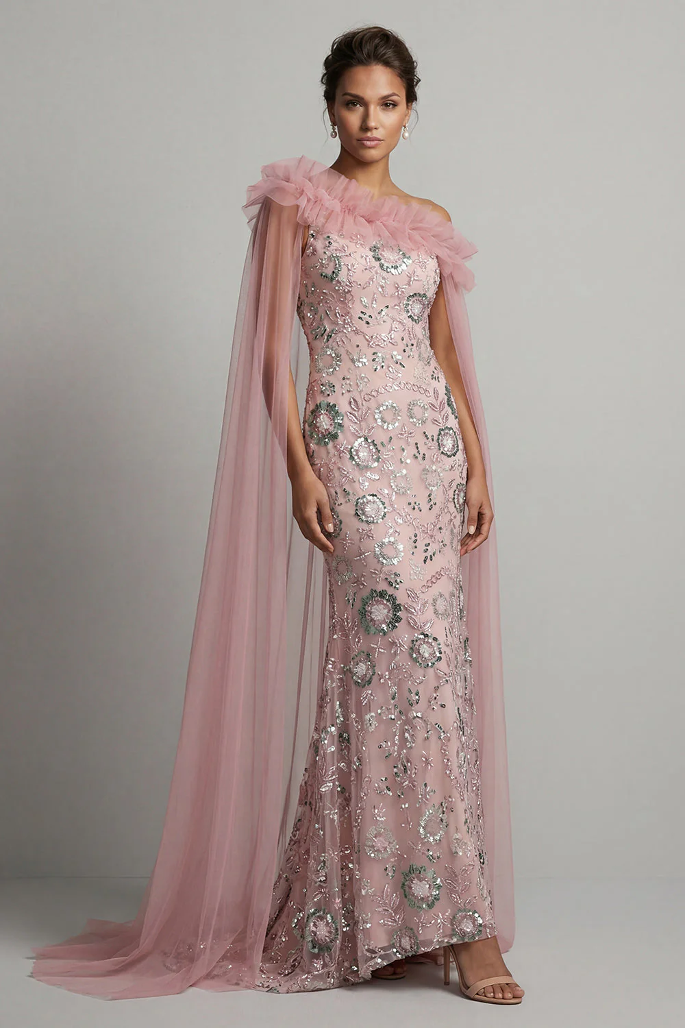 Pink Sequins Mermaid Beaded Long Mother of the Bride Dress with Cape