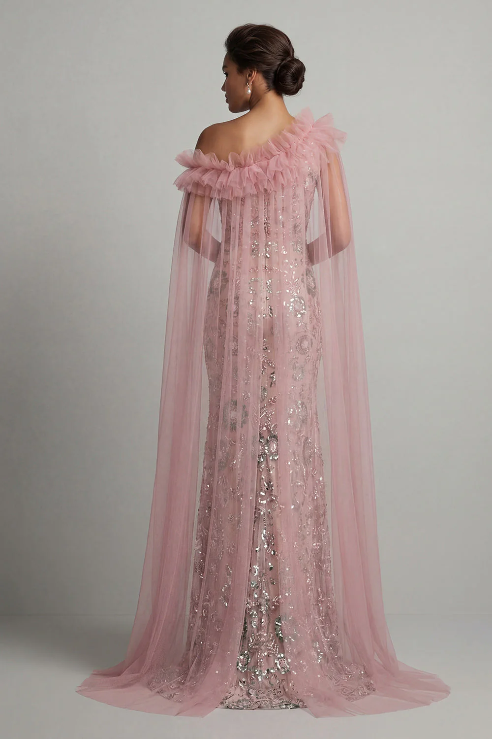 Pink Sequins Mermaid Beaded Long Mother of the Bride Dress with Cape - Image 2