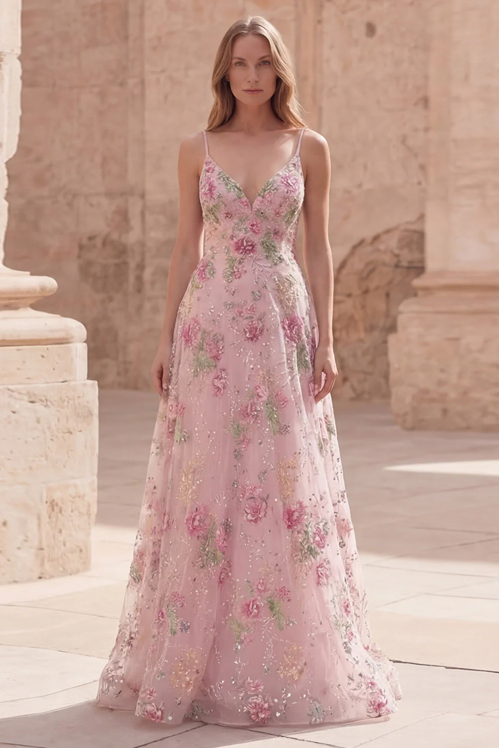 Sparkly Pink Sequin A Line Spaghetti Straps Floral Long Prom Dress