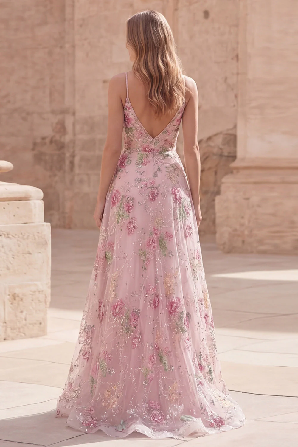 Sparkly Pink Sequin A Line Spaghetti Straps Floral Long Prom Dress - Image 2