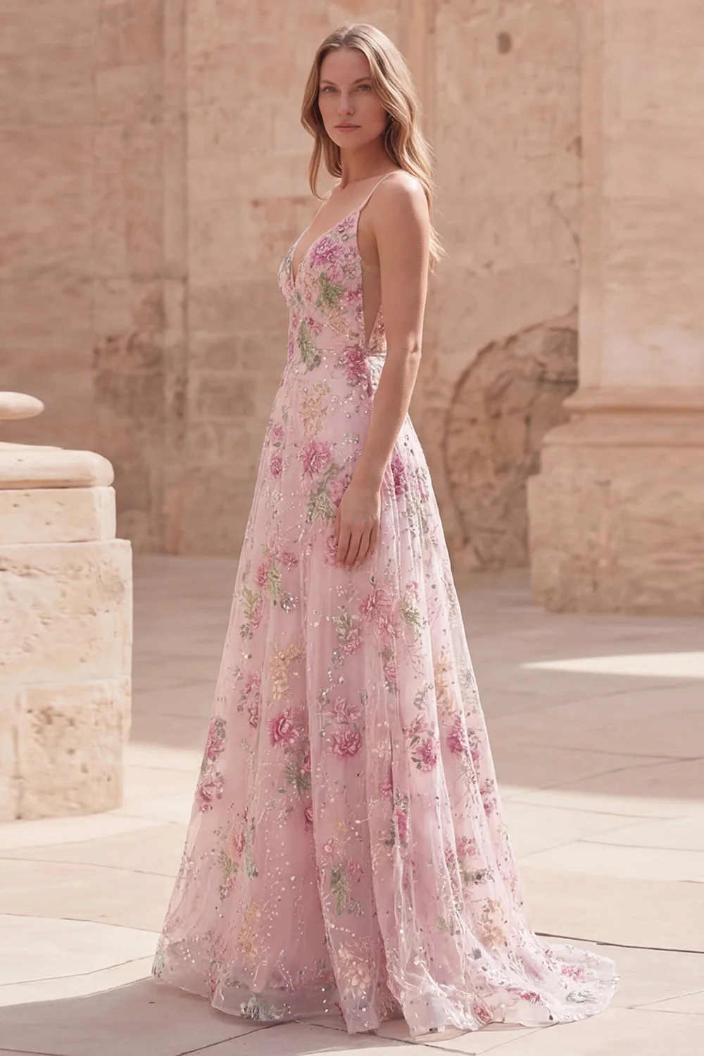 Sparkly Pink Sequin A Line Spaghetti Straps Floral Long Prom Dress - Image 3