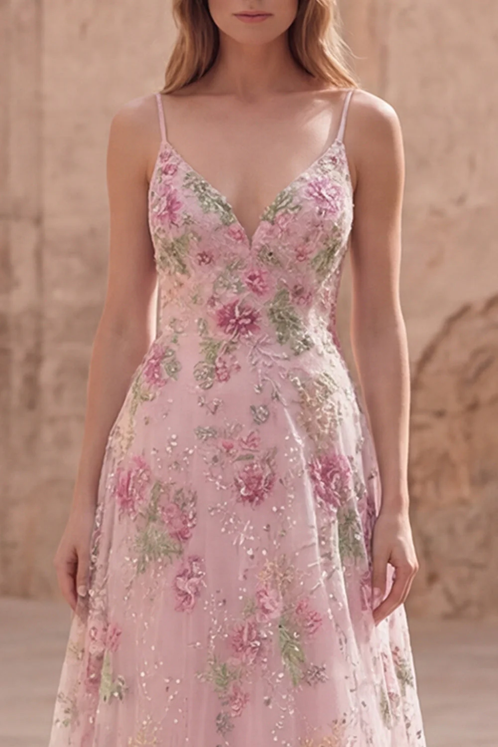 Sparkly Pink Sequin A Line Spaghetti Straps Floral Long Prom Dress - Image 4