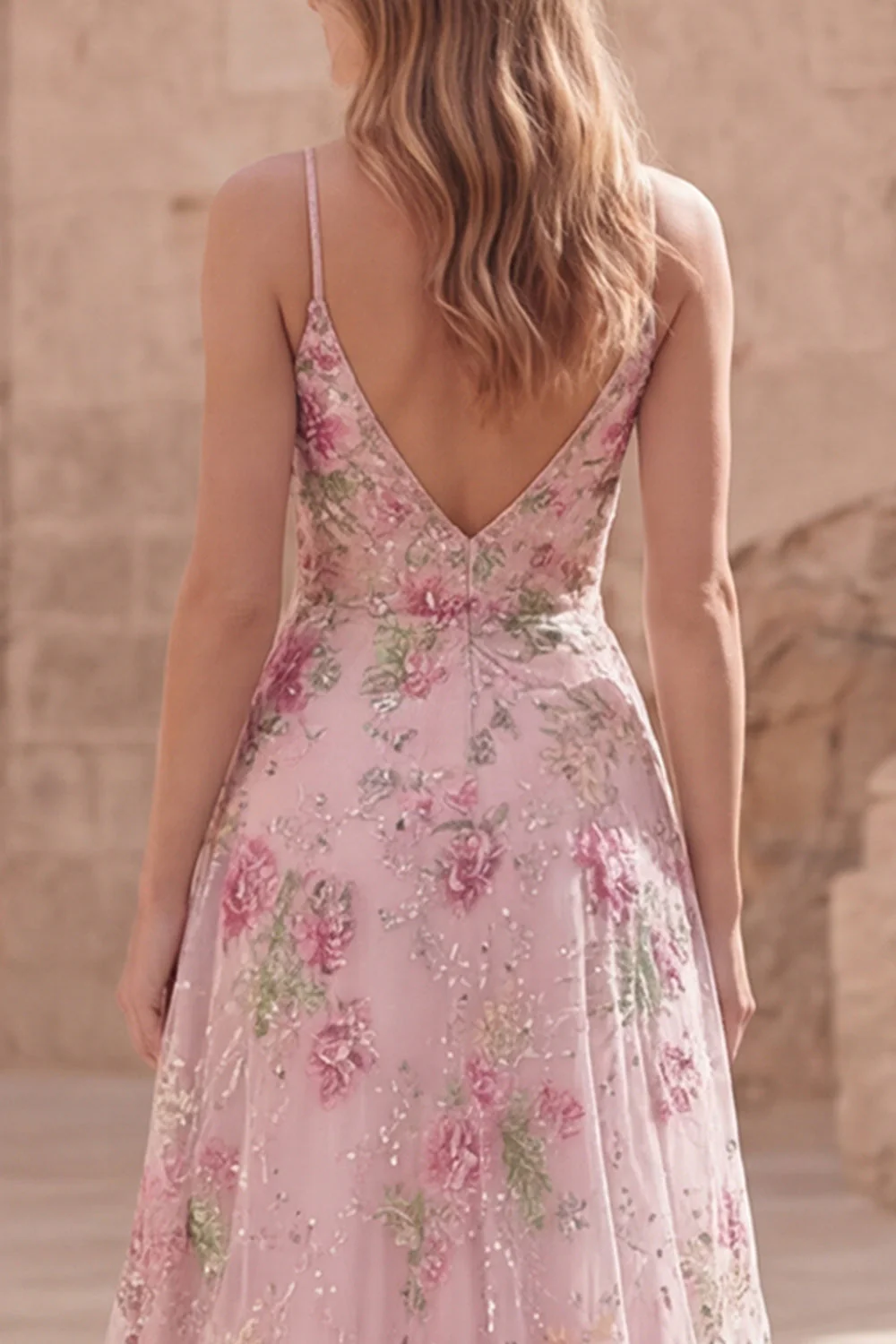 Sparkly Pink Sequin A Line Spaghetti Straps Floral Long Prom Dress - Image 5