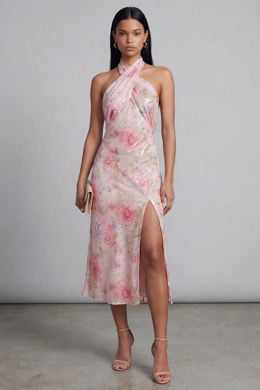 Sparkly Pink Tulle Halter Neck Bodycon Midi Floral Dress with Slit