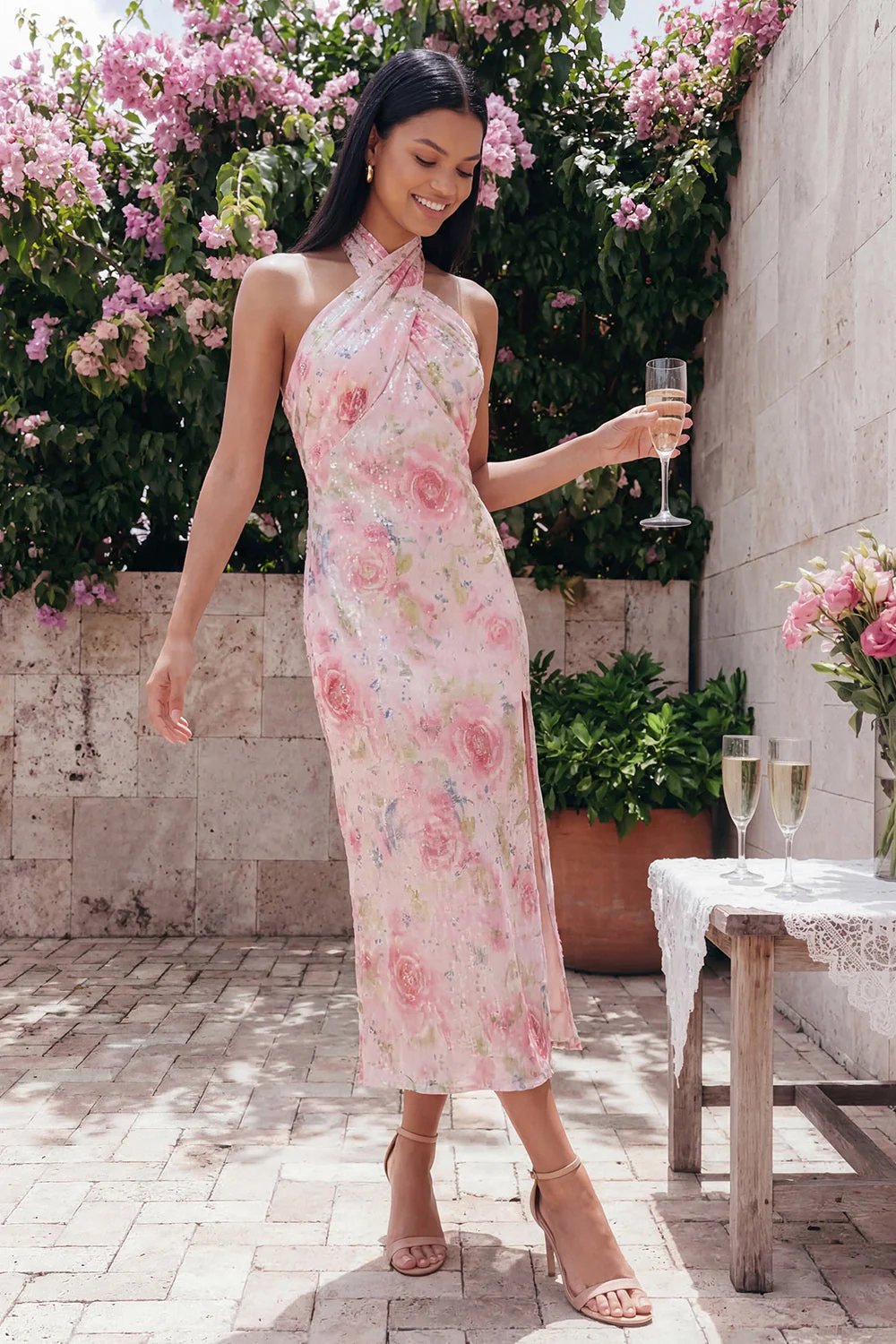 Sparkly Pink Tulle Halter Neck Bodycon Midi Floral Dress with Slit - Image 2