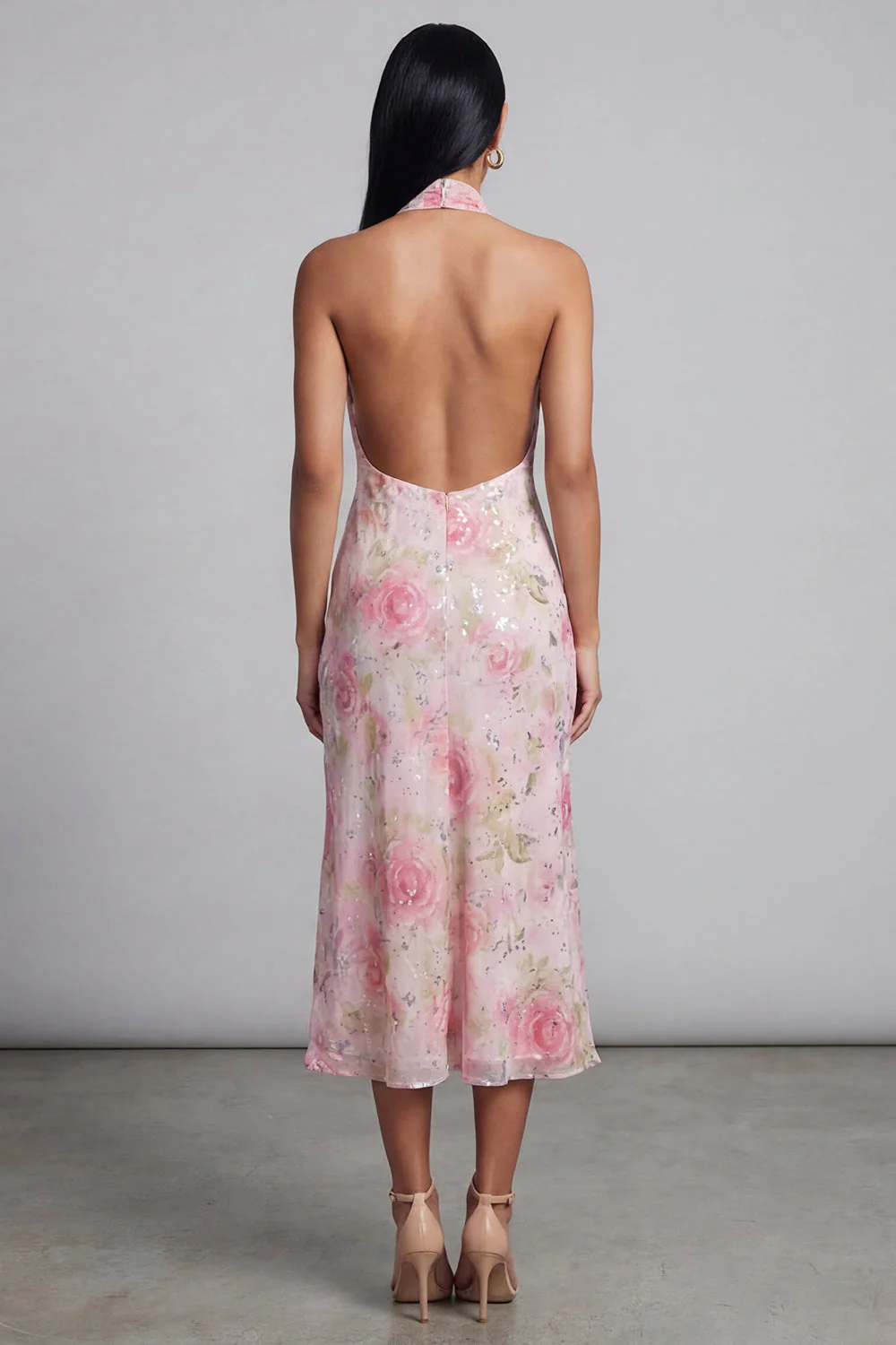 Sparkly Pink Tulle Halter Neck Bodycon Midi Floral Dress with Slit - Image 3