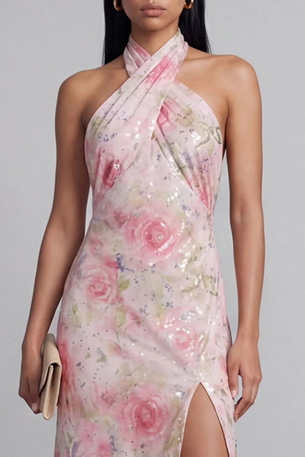 Sparkly Pink Tulle Halter Neck Bodycon Midi Floral Dress with Slit - Image 4