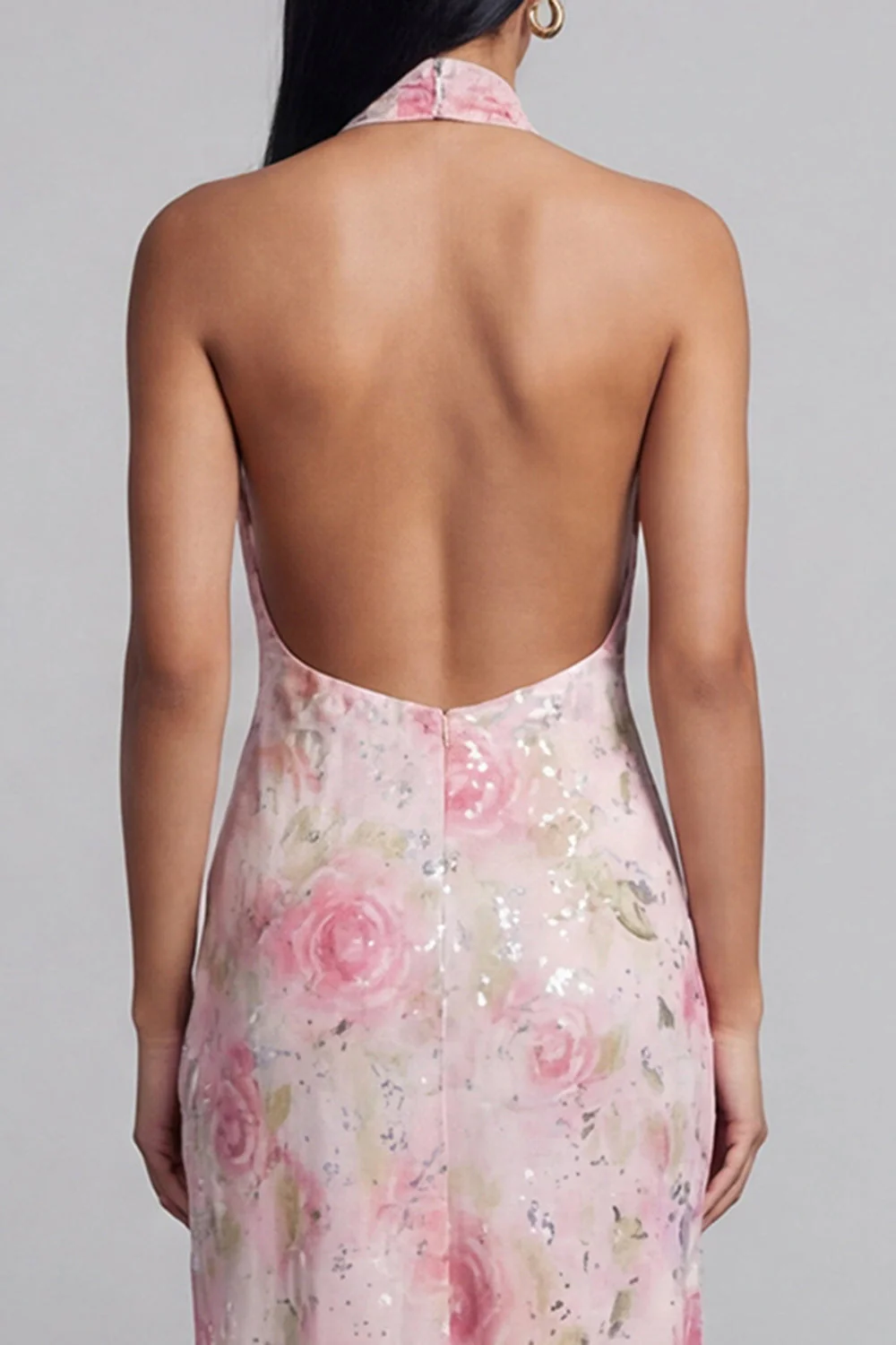 Sparkly Pink Tulle Halter Neck Bodycon Midi Floral Dress with Slit - Image 5