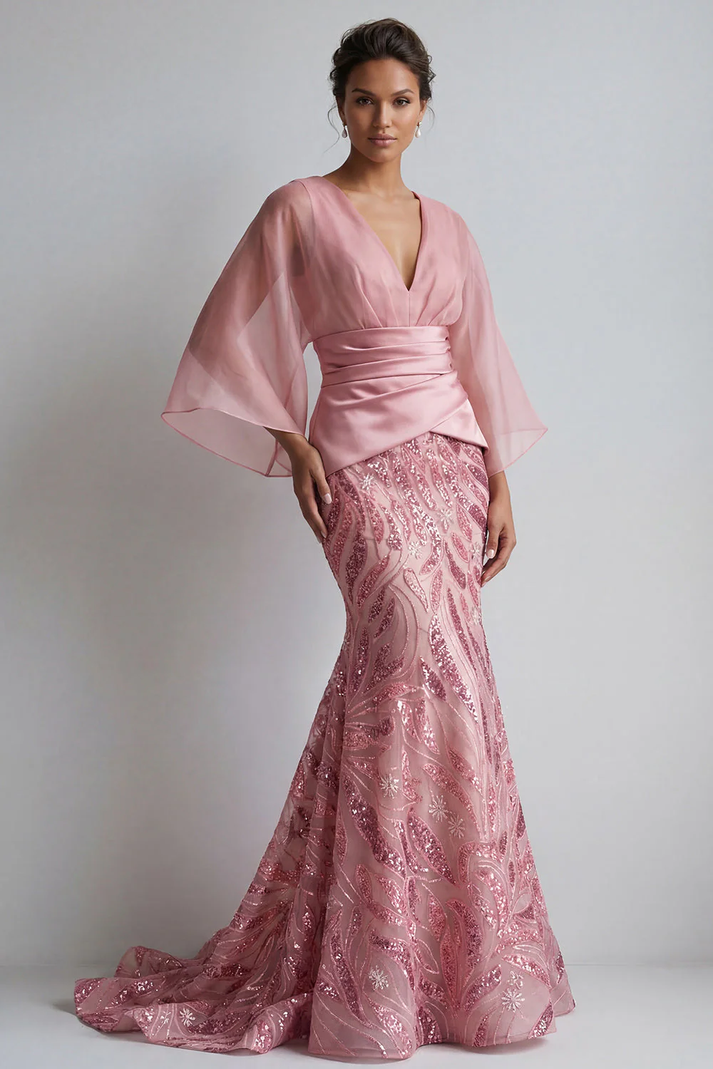 Sparkly Pink V-Neck Mermaid Mother of the Bride Dress with Flare Sleeves
