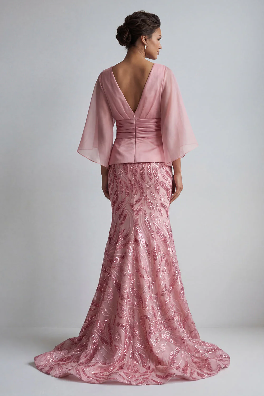 Sparkly Pink V-Neck Mermaid Mother of the Bride Dress with Flare Sleeves - Image 2