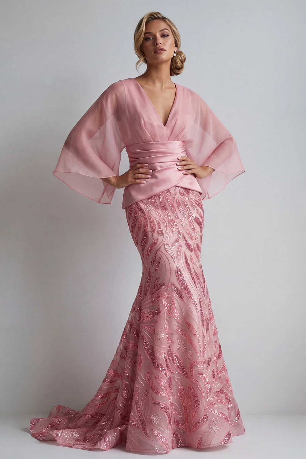 Sparkly Pink V-Neck Mermaid Mother of the Bride Dress with Flare Sleeves - Image 3