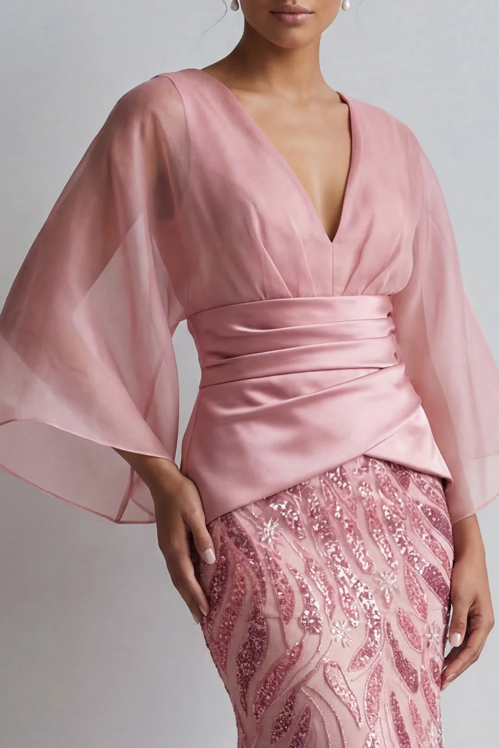 Sparkly Pink V-Neck Mermaid Mother of the Bride Dress with Flare Sleeves - Image 4