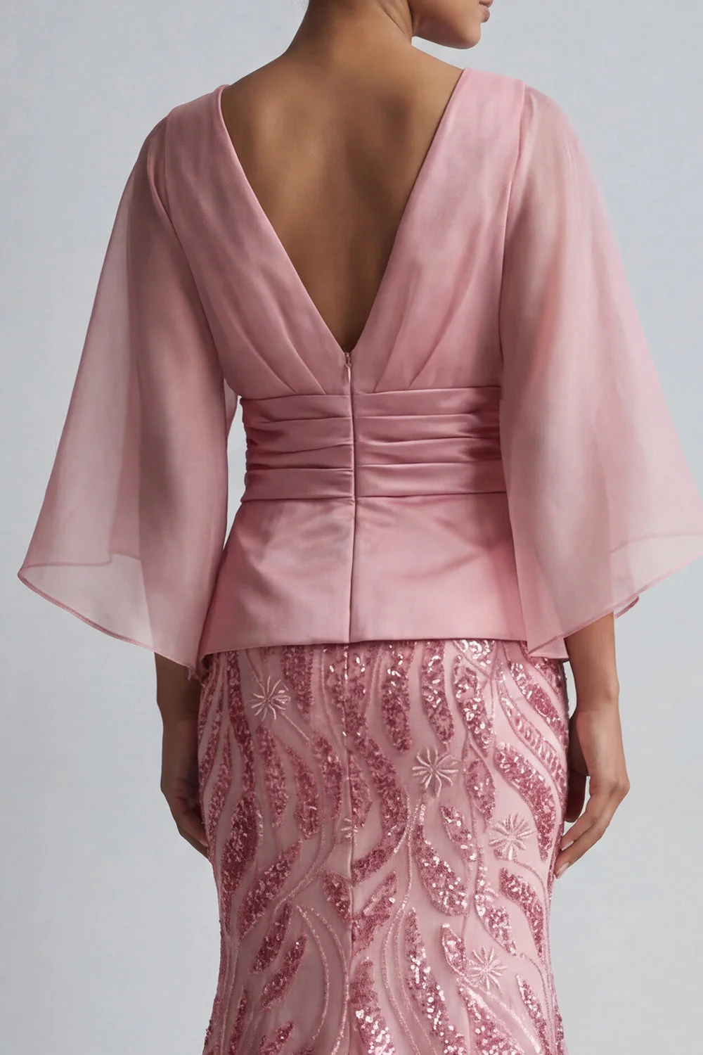 Sparkly Pink V-Neck Mermaid Mother of the Bride Dress with Flare Sleeves - Image 5