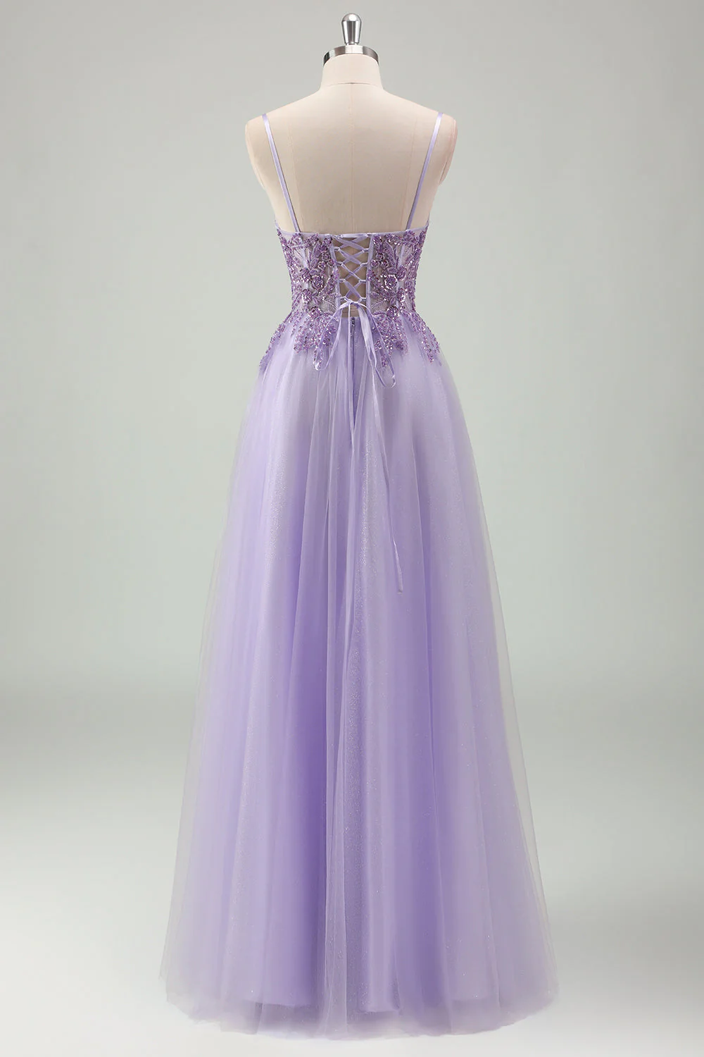 Sparkly Purple A Line Spaghetti Straps Corset Long Prom Dress with Appliques - Image 2