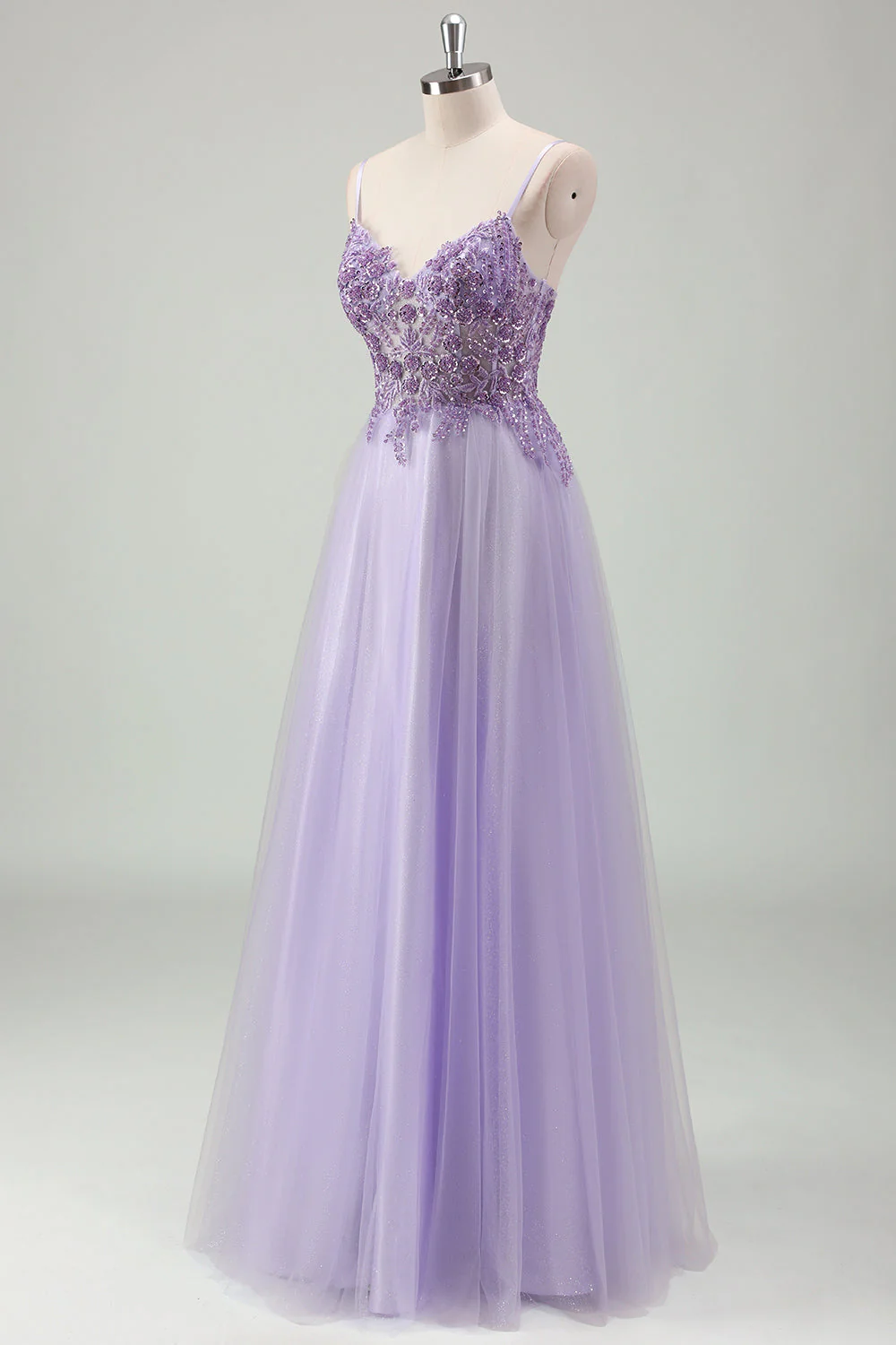 Sparkly Purple A Line Spaghetti Straps Corset Long Prom Dress with Appliques - Image 3