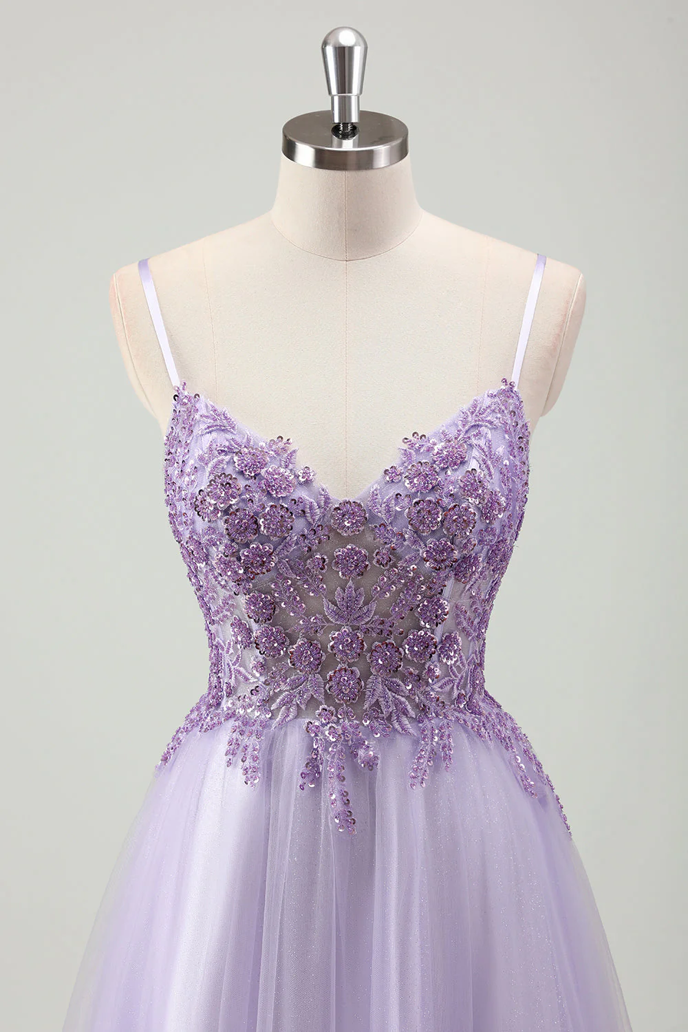 Sparkly Purple A Line Spaghetti Straps Corset Long Prom Dress with Appliques - Image 4