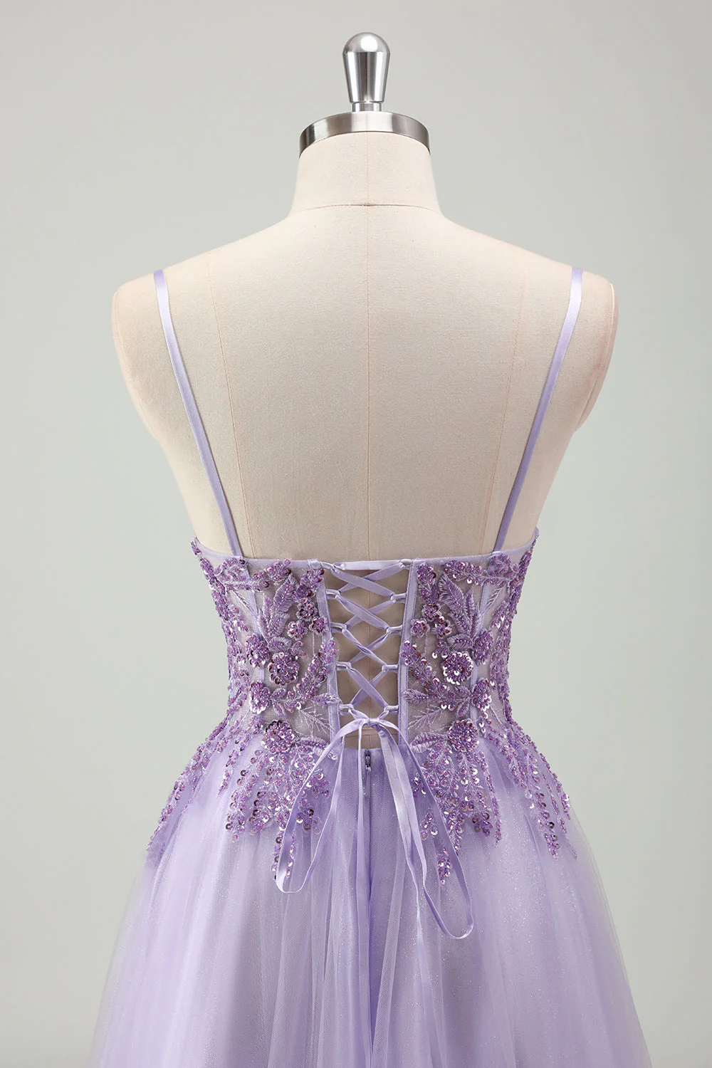 Sparkly Purple A Line Spaghetti Straps Corset Long Prom Dress with Appliques - Image 5