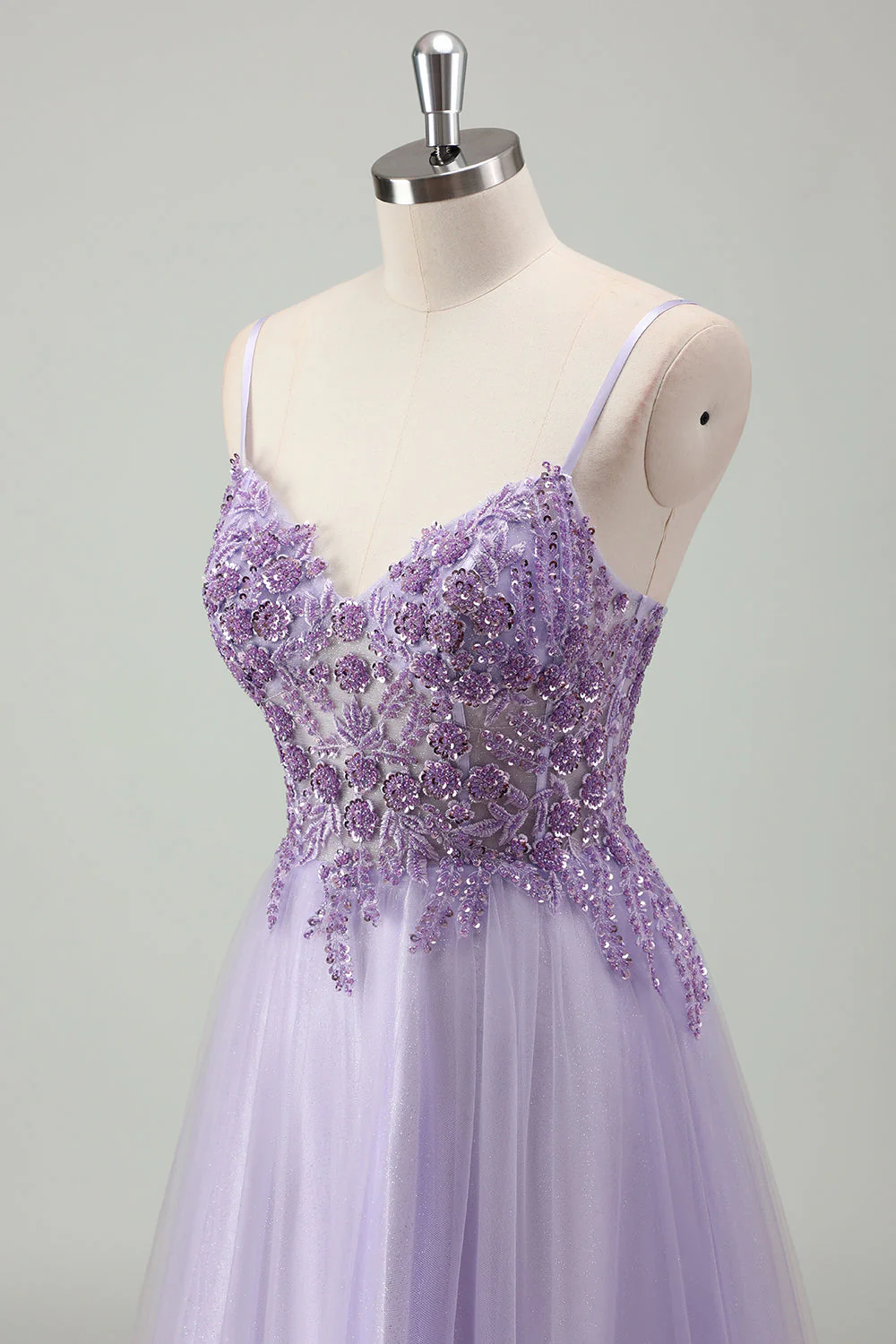 Sparkly Purple A Line Spaghetti Straps Corset Long Prom Dress with Appliques - Image 6