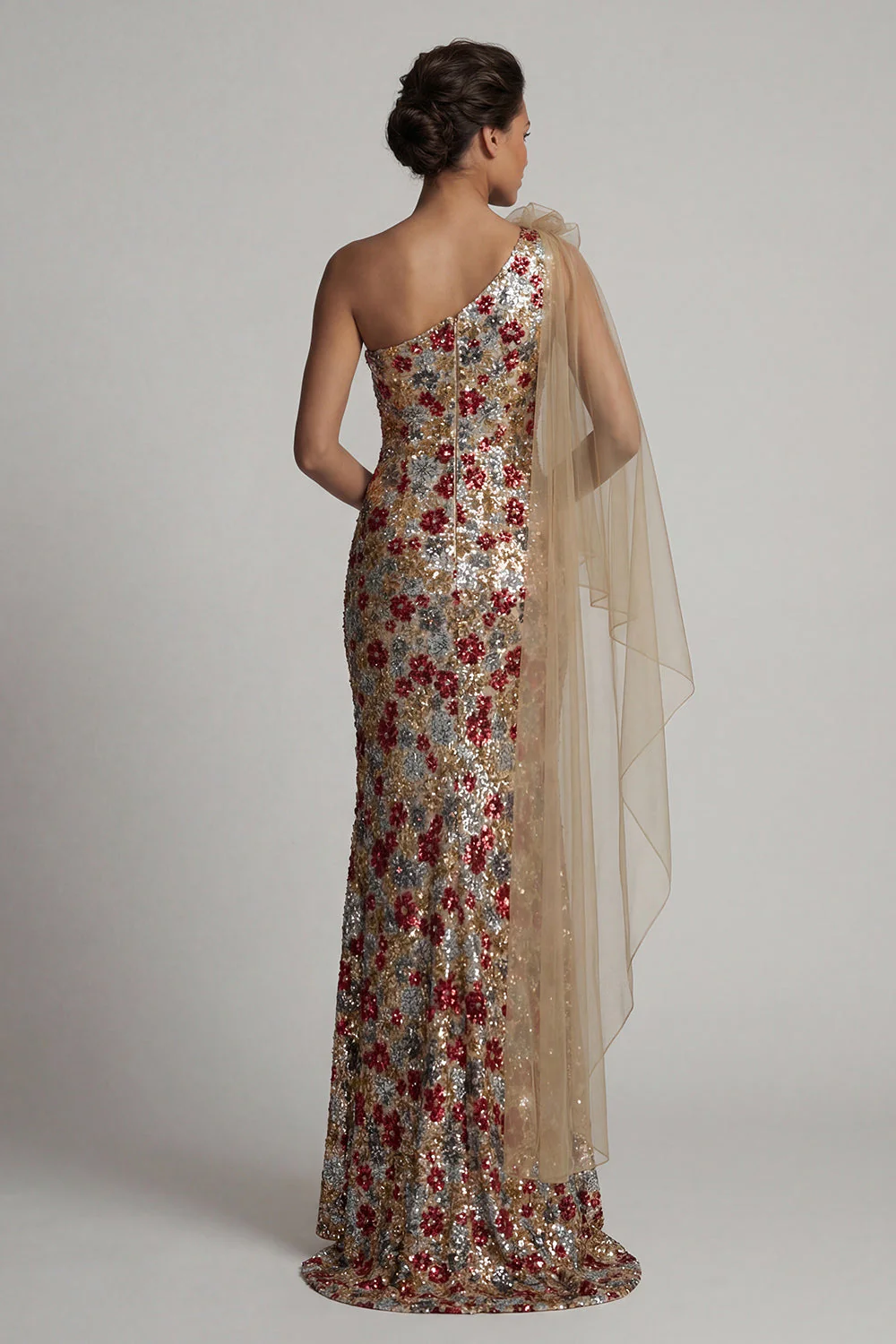 Sparkly Red Floral Mermaid Sequin Long Mother of the Bride Dress with Side Cape - Image 2