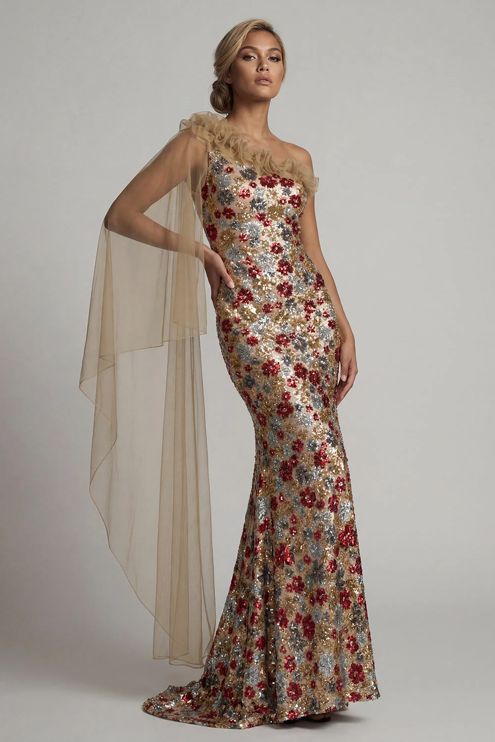 Sparkly Red Floral Mermaid Sequin Long Mother of the Bride Dress with Side Cape - Image 3
