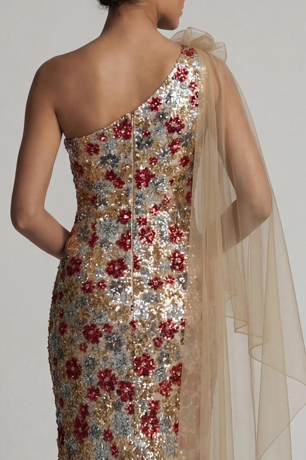 Sparkly Red Floral Mermaid Sequin Long Mother of the Bride Dress with Side Cape - Image 4