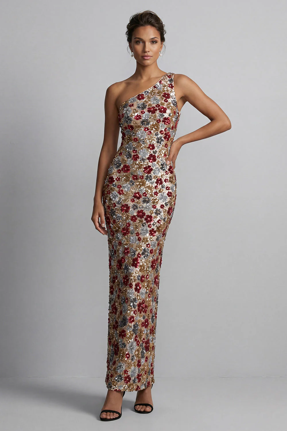 Sparkly Red One Shoulder Sheath Sequin Long Mother of the Bride Dress