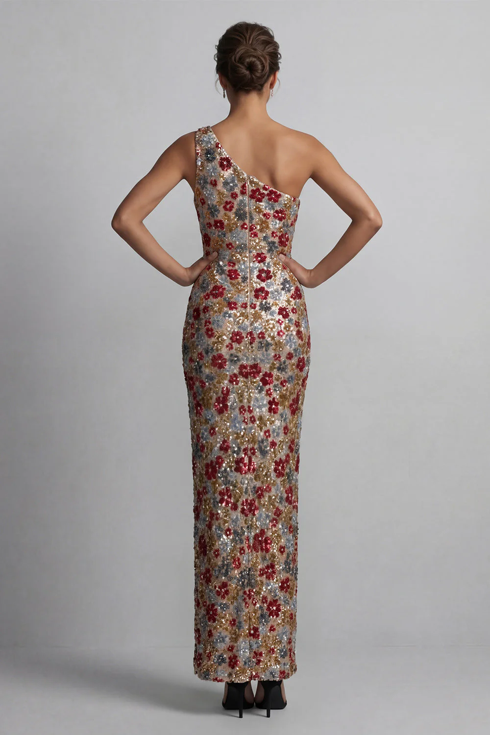 Sparkly Red One Shoulder Sheath Sequin Long Mother of the Bride Dress - Image 2