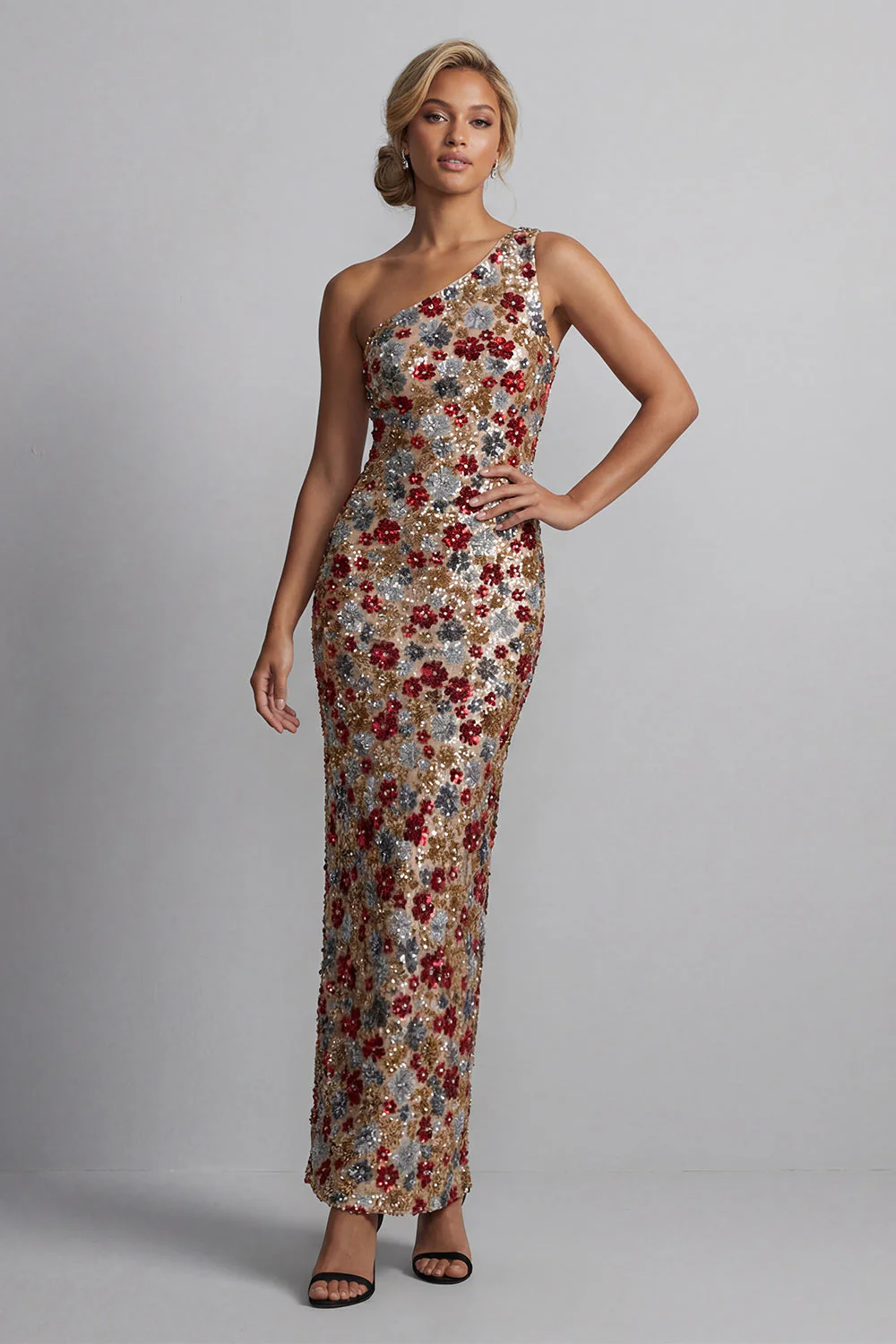 Sparkly Red One Shoulder Sheath Sequin Long Mother of the Bride Dress - Image 3