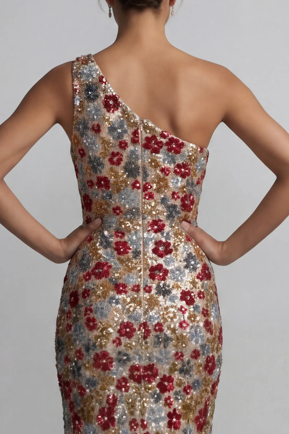 Sparkly Red One Shoulder Sheath Sequin Long Mother of the Bride Dress - Image 5
