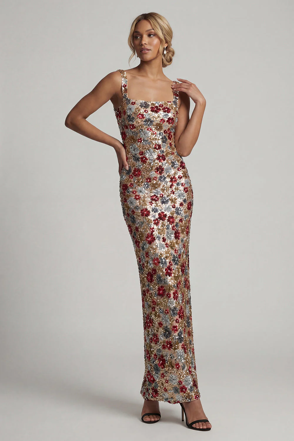 Sparkly Red Square Neck Floral Mermaid Sequin Long Mother of the Bride Dress - Image 3