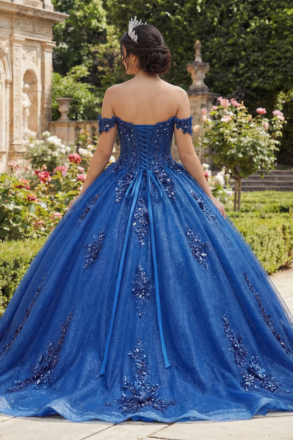 Sparkly Royal Blue Off The Shoulder Appliqued Ball Gown Quinceanera Dress - Image 2