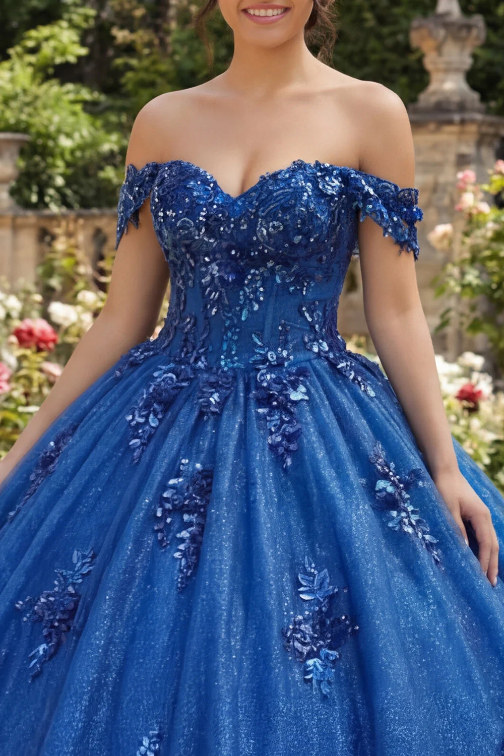 Sparkly Royal Blue Off The Shoulder Appliqued Ball Gown Quinceanera Dress - Image 3