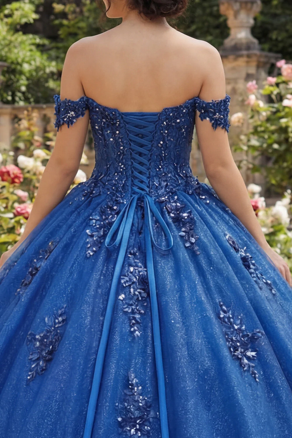 Sparkly Royal Blue Off The Shoulder Appliqued Ball Gown Quinceanera Dress - Image 4