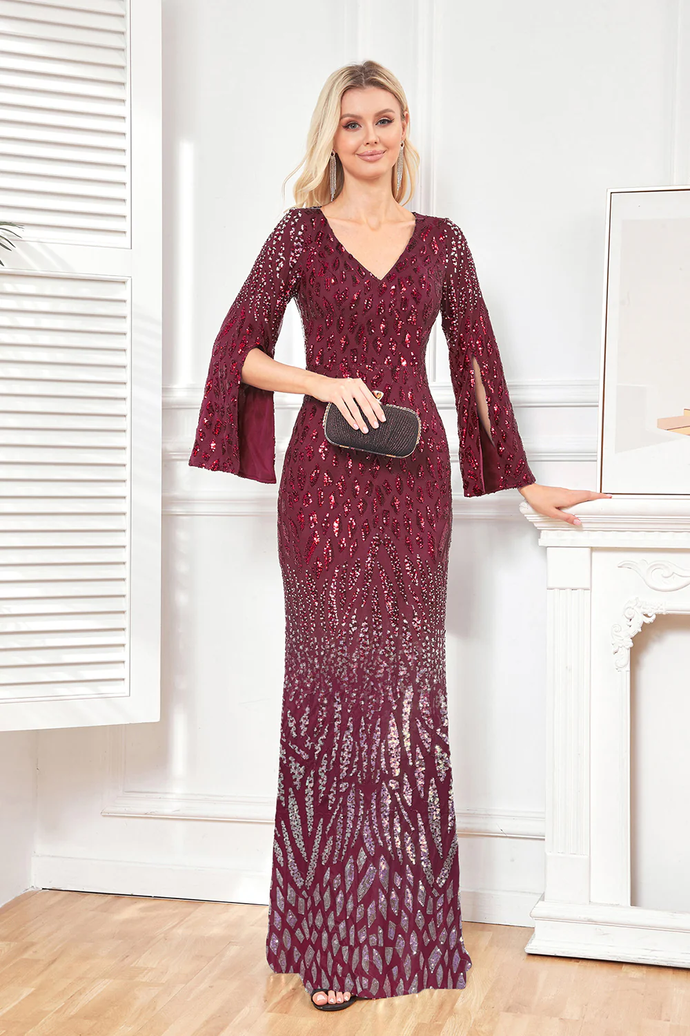 Sparkly Royal Blue V-Neck Mother Of Bride Dress with Long Sleeves - Image 6