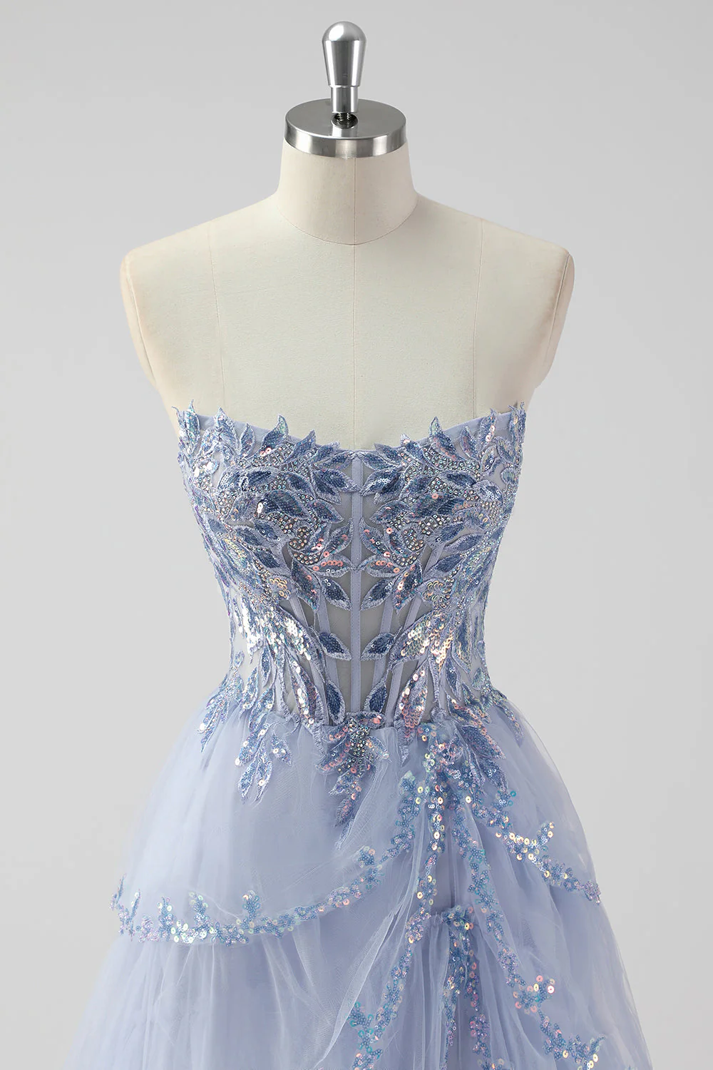 Sparkly Sage Green A Line Spaghetti Straps Sequins Corset Tiered Prom Dress with Slit - Image 14