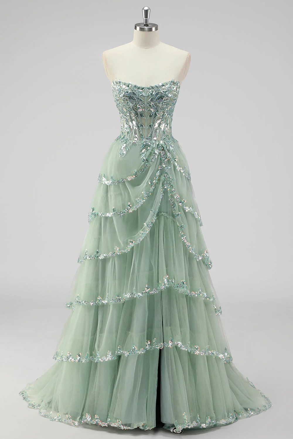 Sparkly Sage Green A Line Spaghetti Straps Sequins Corset Tiered Prom Dress with Slit - Image 3