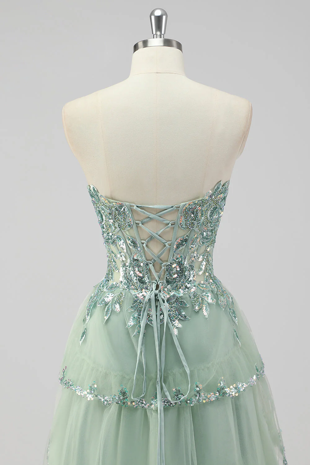 Sparkly Sage Green A Line Spaghetti Straps Sequins Corset Tiered Prom Dress with Slit - Image 7