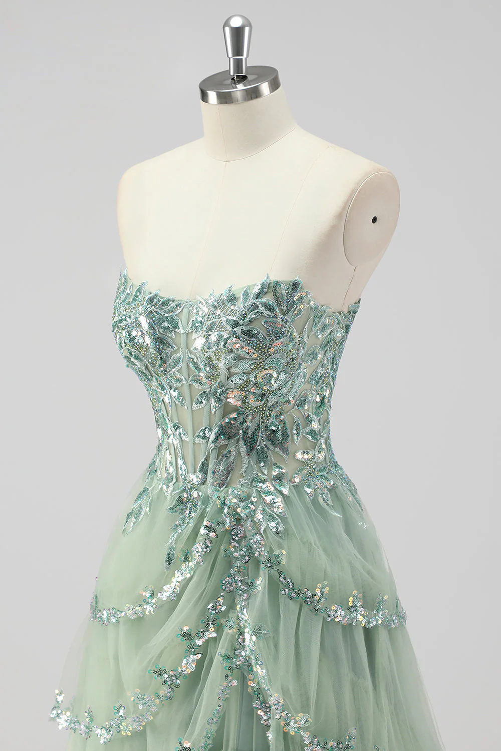 Sparkly Sage Green A Line Spaghetti Straps Sequins Corset Tiered Prom Dress with Slit - Image 8