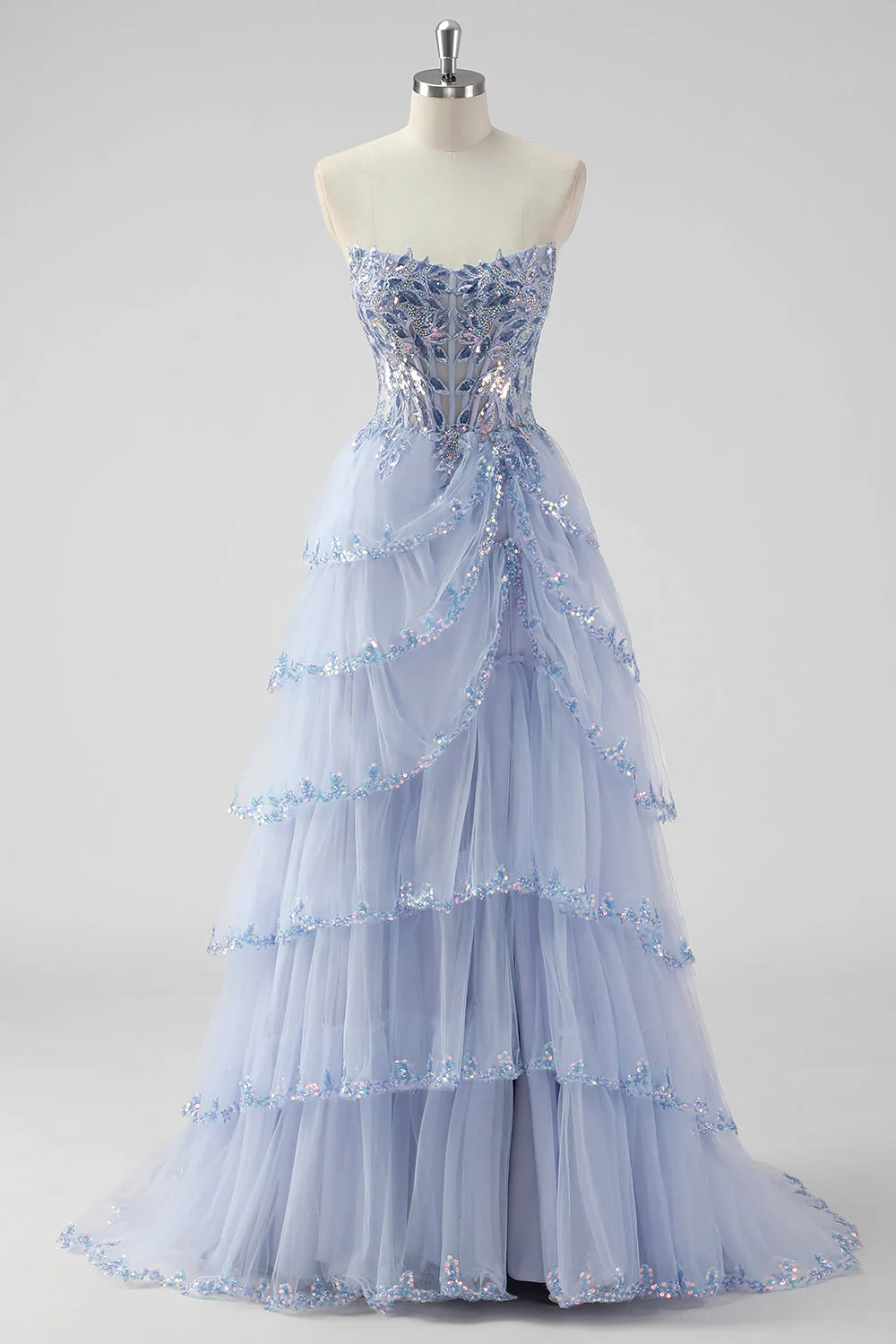 Sparkly Sage Green A Line Spaghetti Straps Sequins Corset Tiered Prom Dress with Slit - Image 9